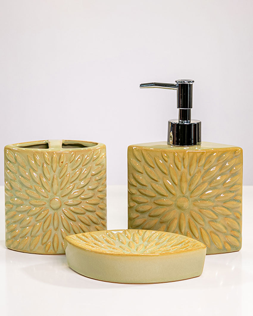 Vibrant Decor Ceramic Yellow Floral Bathroom Set | Set of 3