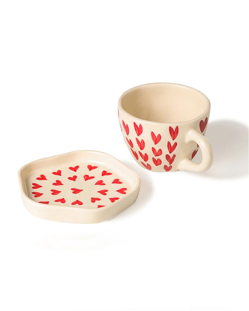 Charming Elegant Heart Shaped Beige Cup and Saucer | 4 x 4 inches