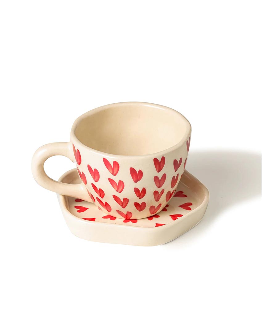 Charming Elegant Heart Shaped Beige Cup and Saucer | 4 x 4 inches