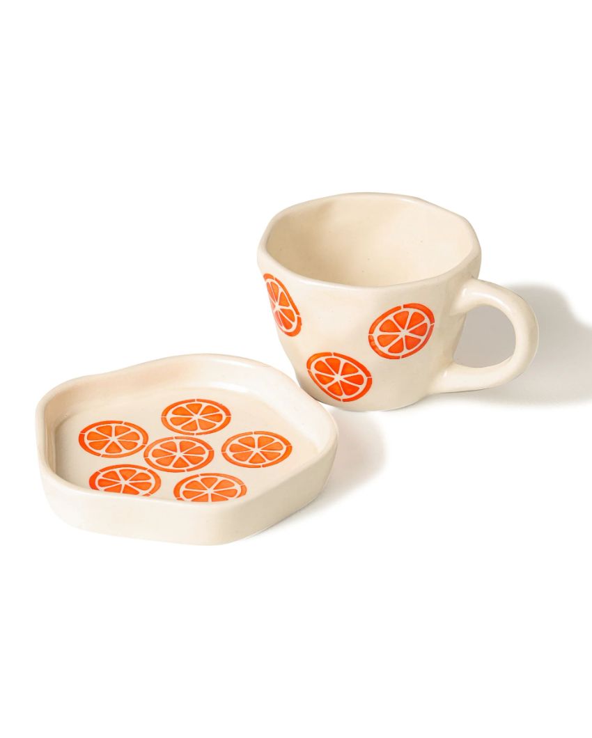 Vibrant Playful White Orange Slice Cup and Saucer Set | 4 x 4 inches
