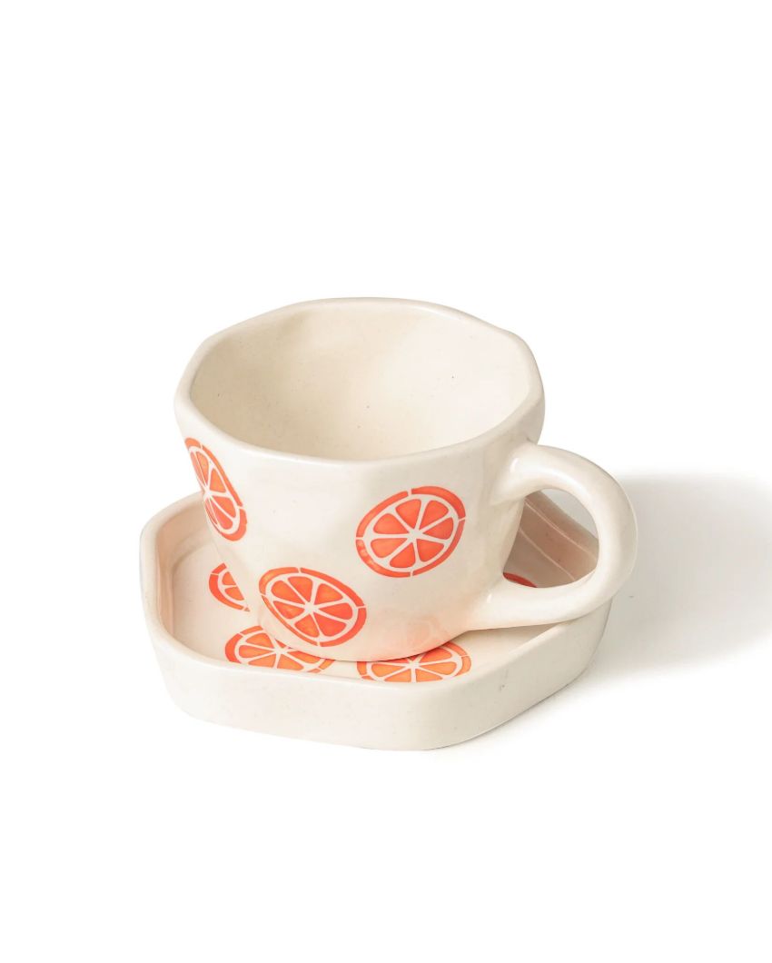 Vibrant Playful White Orange Slice Cup and Saucer Set | 4 x 4 inches