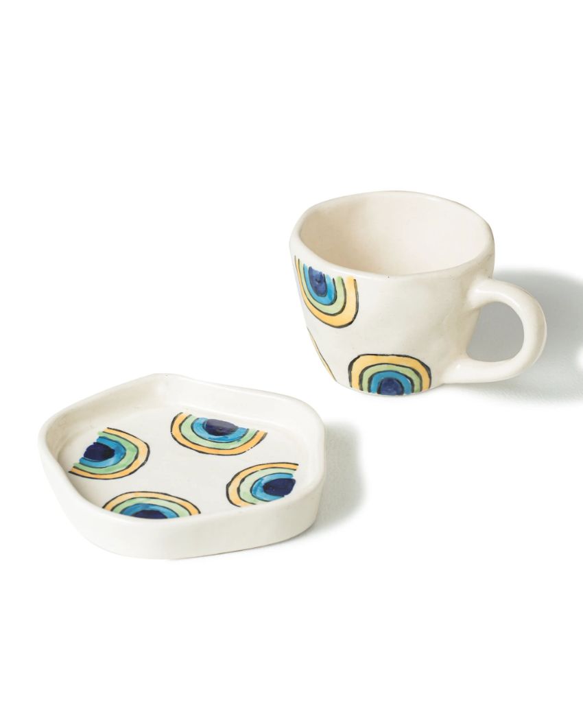 Lively Artistic White Rainbow Arch Cup and Saucer Set | 4 x 4 inches