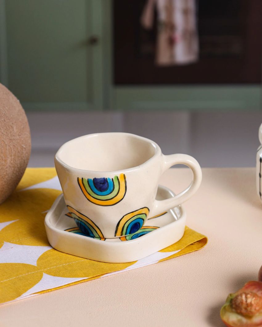 Lively Artistic White Rainbow Arch Cup and Saucer Set | 4 x 4 inches