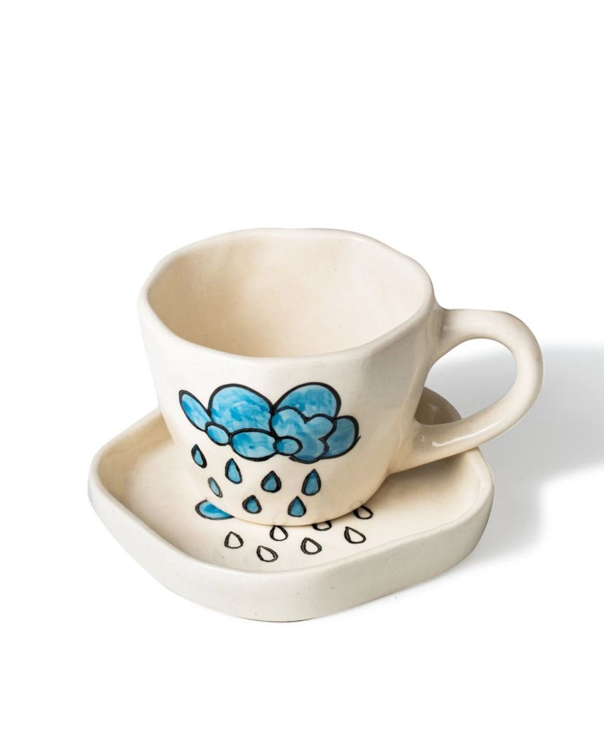 Charming Whimsical Blue Rain Cloud Cup and Saucer Set | 4 x 4 inches
