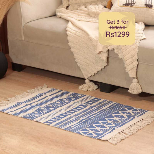 Blue Mountainic Pattern Cotton Floormat | 34 x 21 inches