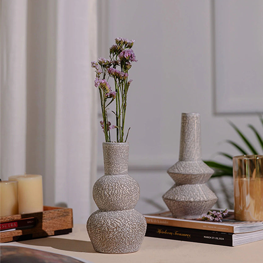 Modern White Ribbed Textured Ceramic Vase | Set of 2| 4 x 8 inches