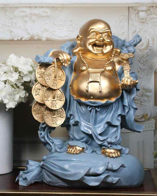 Golden Abundance Poly Resin Laughing Buddha With Gold Coins Blue