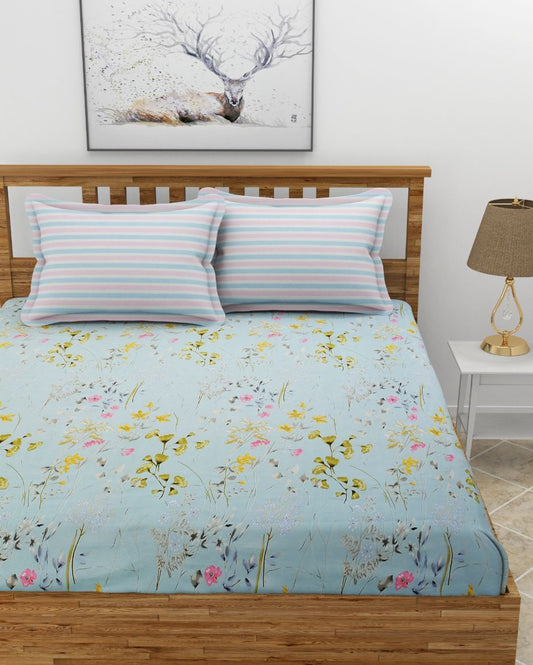 Floral Blue Premium Glace Cotton Bedding Set | King Size