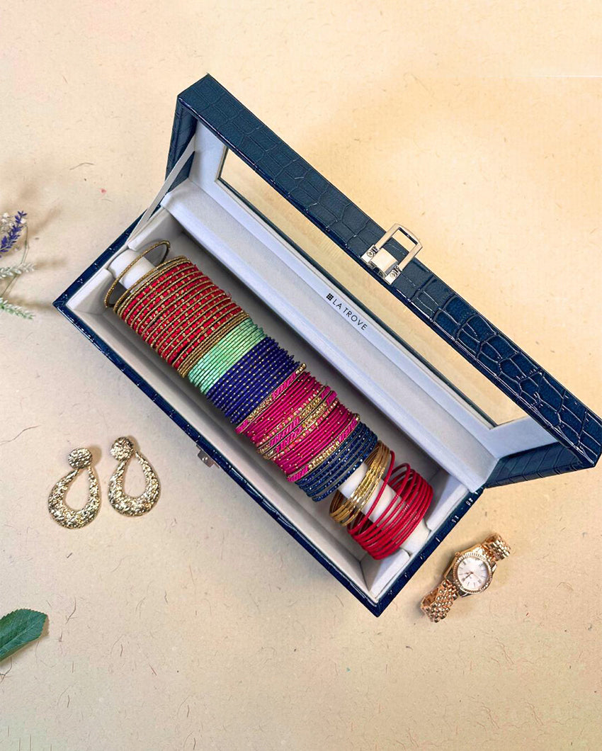 Single Blue Rod Bangle Organizer Box With Glass Top | 13 x 5 x 5 inches