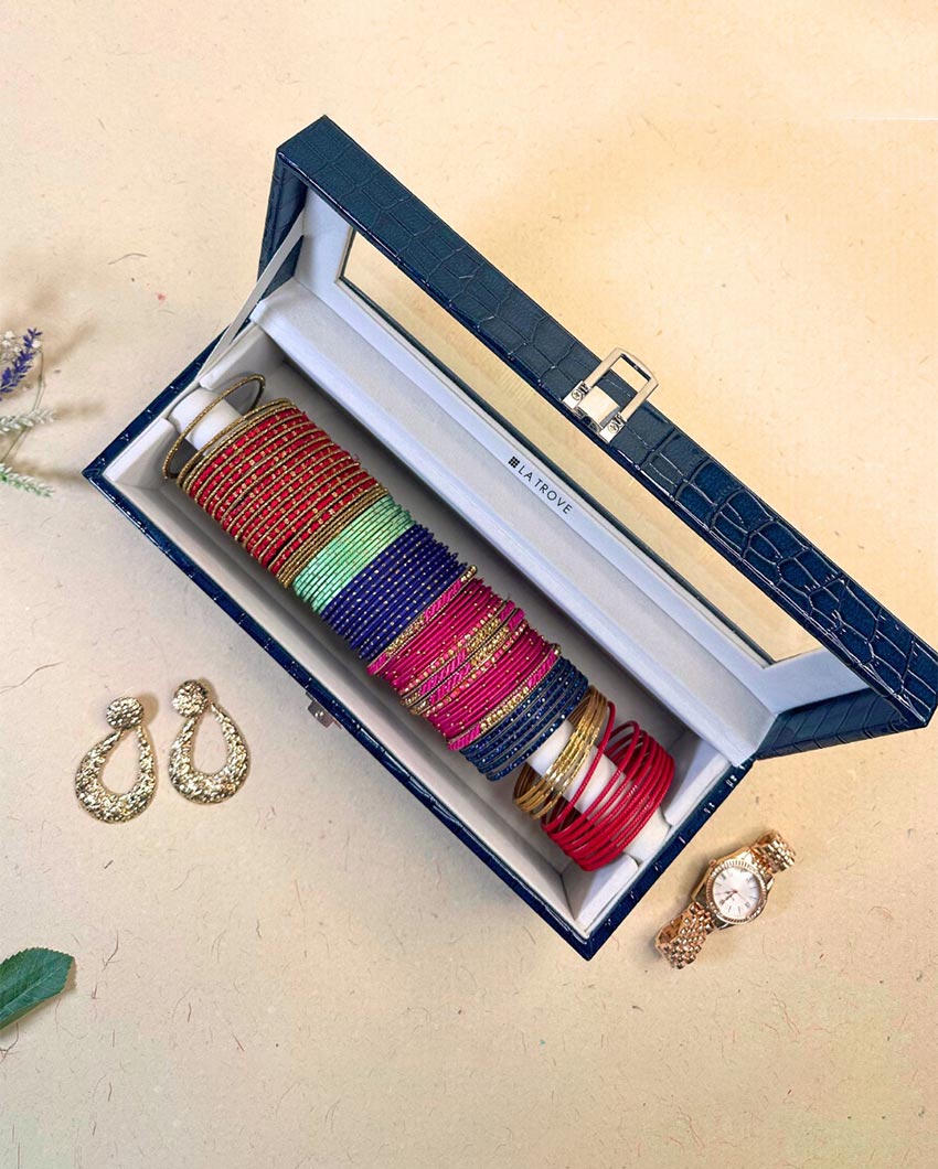 Single Blue Rod Bangle Organizer Box With Glass Top | 13 x 5 x 5 inches