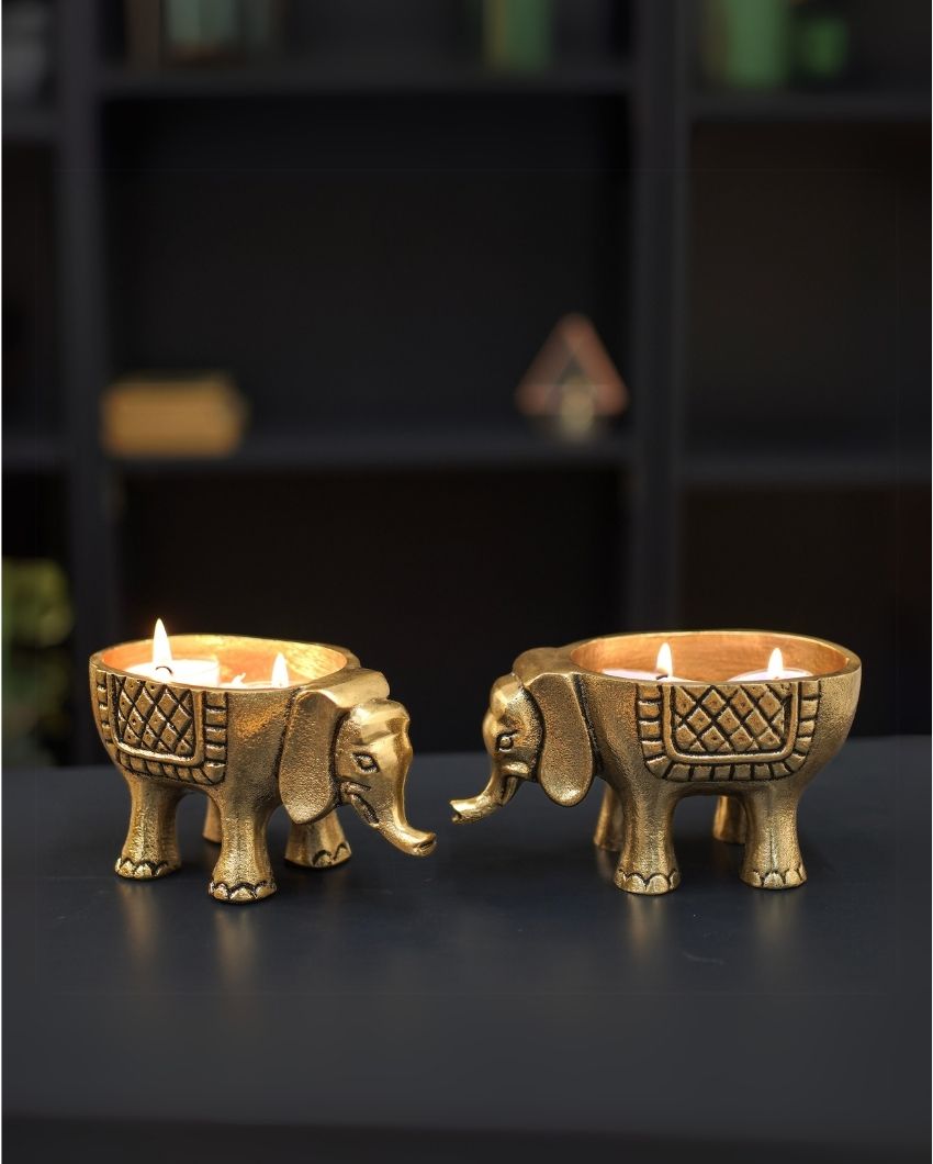 Elegant Golden Shade Metal Elephant Planter | Set of 2 | 3 x 6 inches