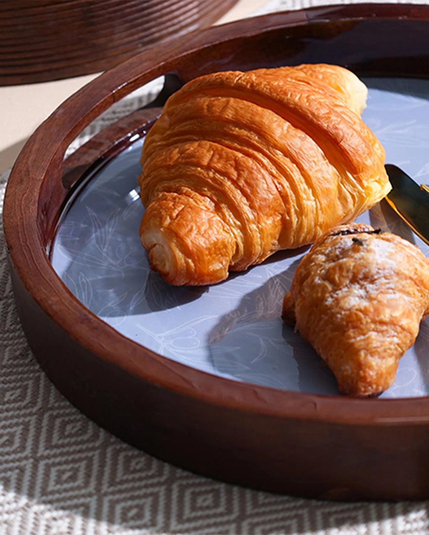 Classic Round Enamel Finish Wooden Breakfast Tray | 5 x 5 x 1 inches