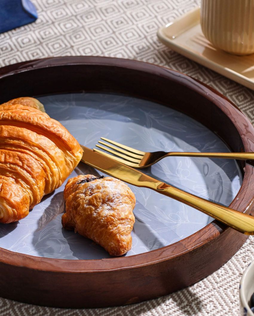 Classic Round Enamel Finish Wooden Breakfast Tray | 5 x 5 x 1 inches