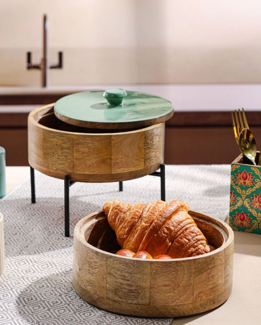 Charming Brown Wooden Double Layer Roti Box Casserole | 8 x 8 Inches