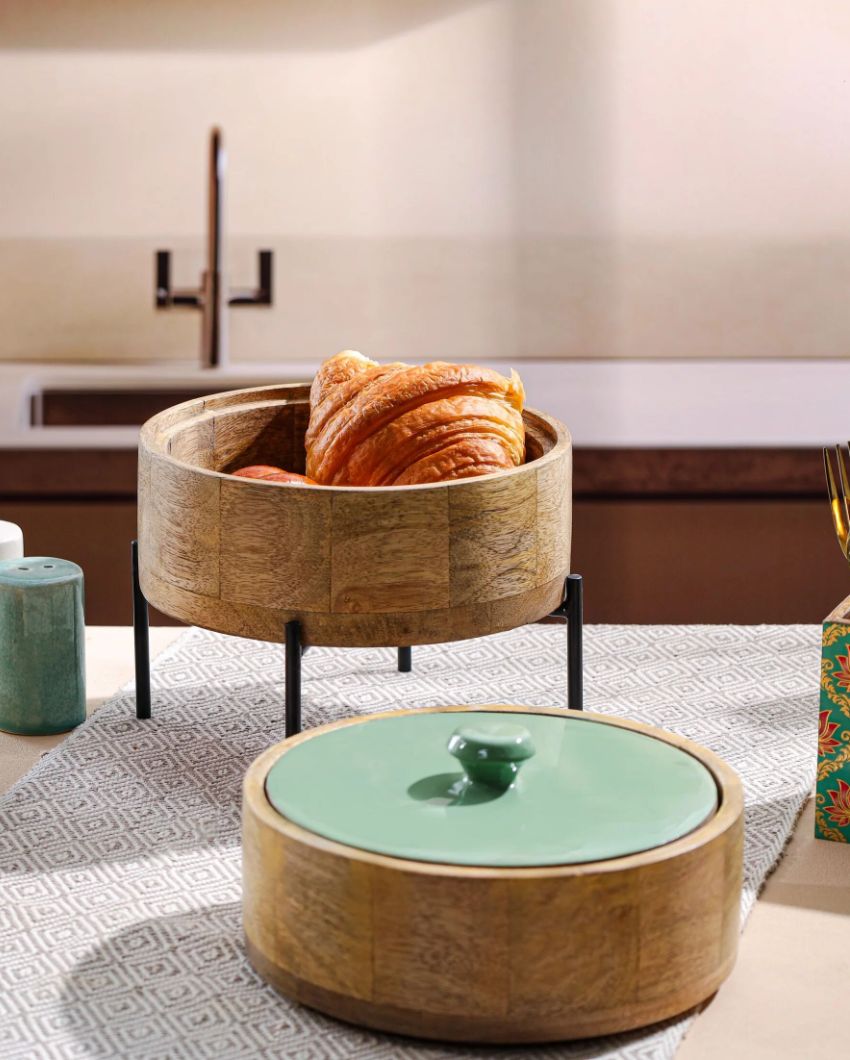 Charming Brown Wooden Double Layer Roti Box Casserole | 8 x 8 Inches