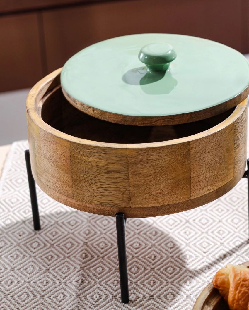 Charming Brown Wooden Double Layer Roti Box Casserole | 8 x 8 Inches