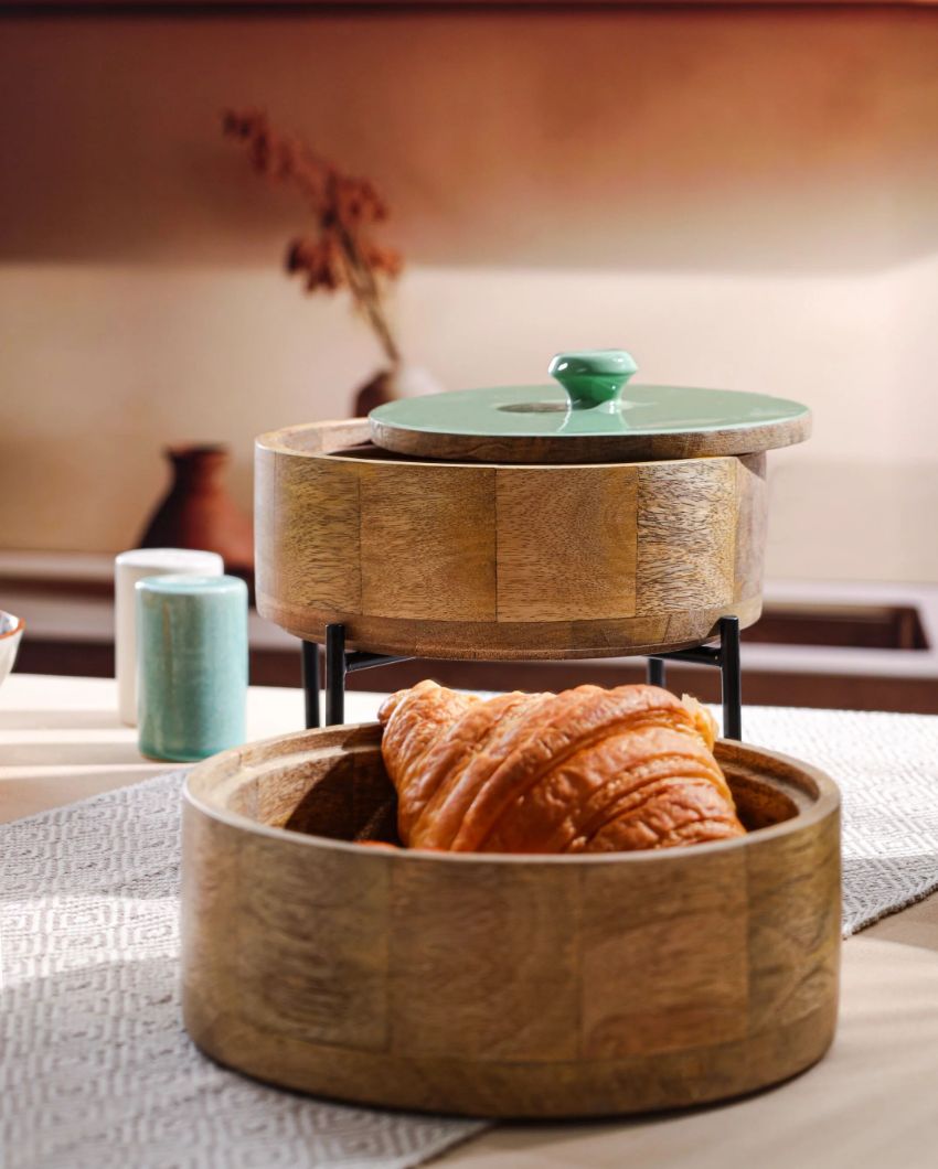 Charming Brown Wooden Double Layer Roti Box Casserole | 8 x 8 Inches