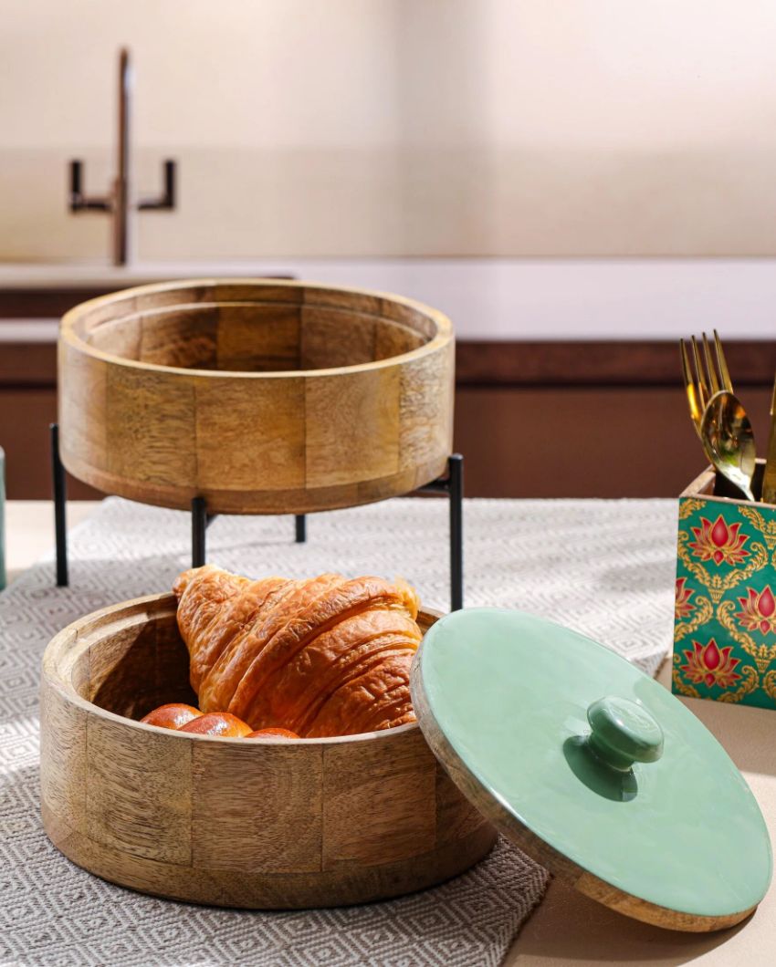 Charming Brown Wooden Double Layer Roti Box Casserole | 8 x 8 Inches