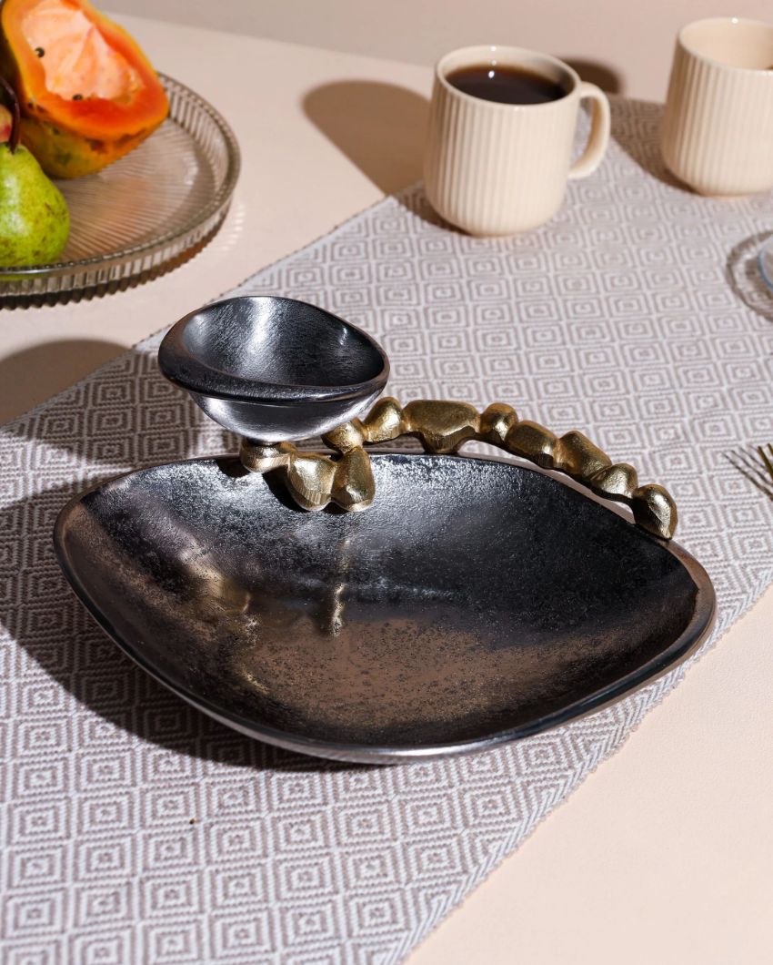 Sophisticated Stone Toned Ceramic Serving Plate with Dip Bowl | 11 x 4 inches