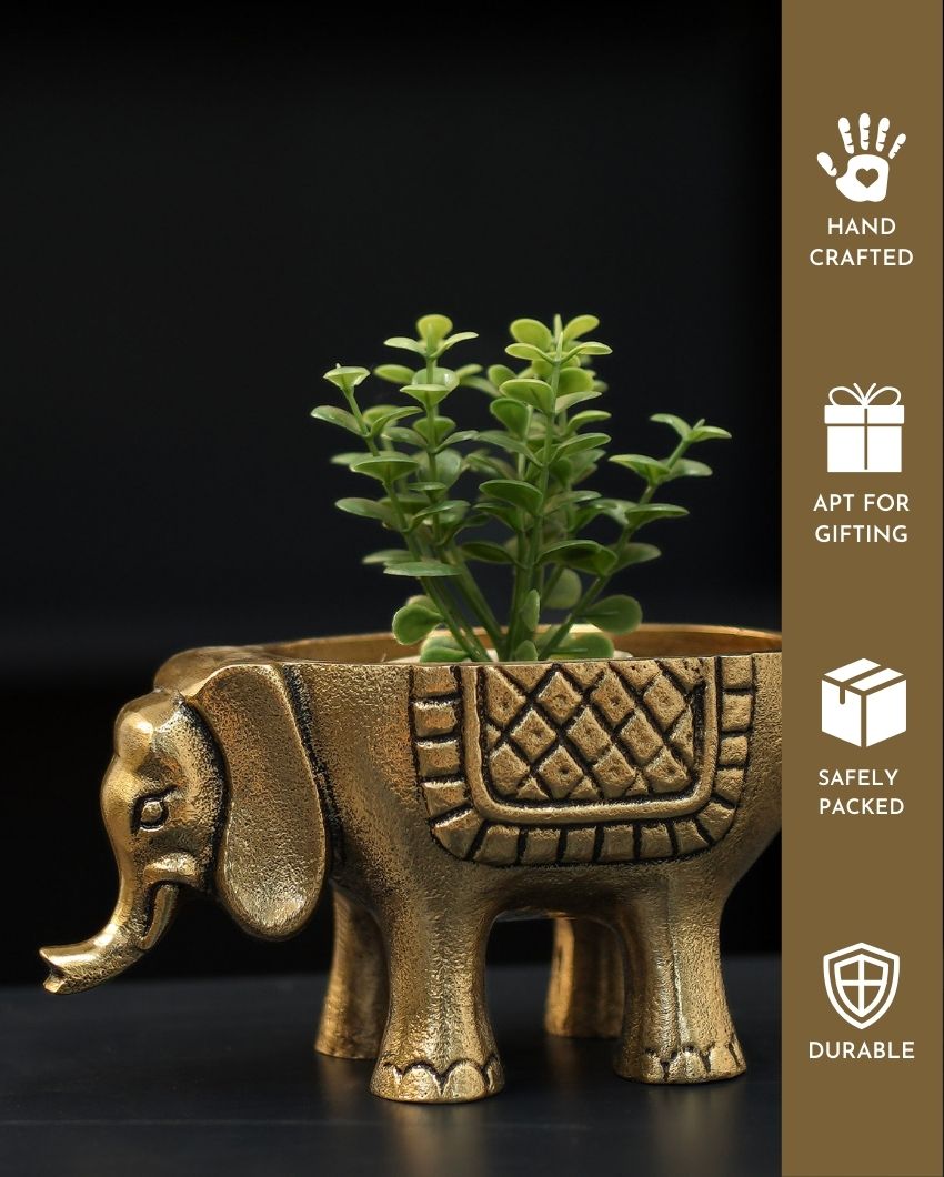 Elegant Golden Shade Metal Elephant Planter | Set of 2 | 3 x 6 inches