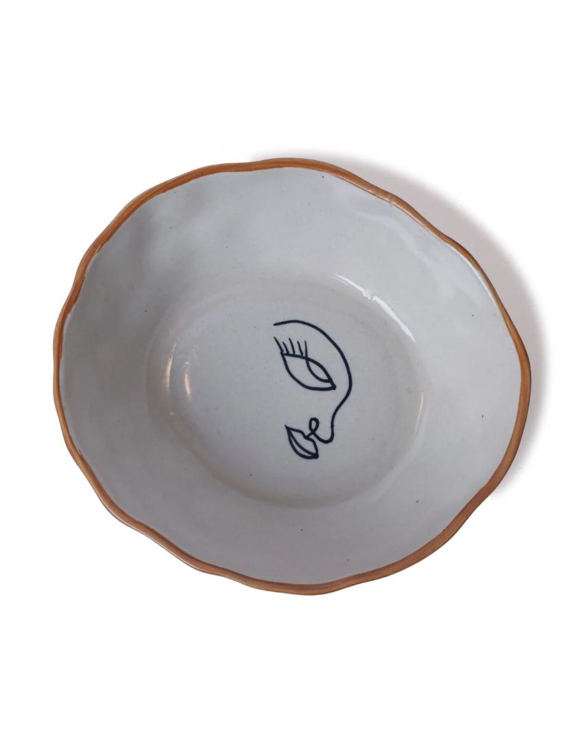 Expressive Hand-Painted Face Design Ceramic Bowl | 8 x 7 x 3 inches