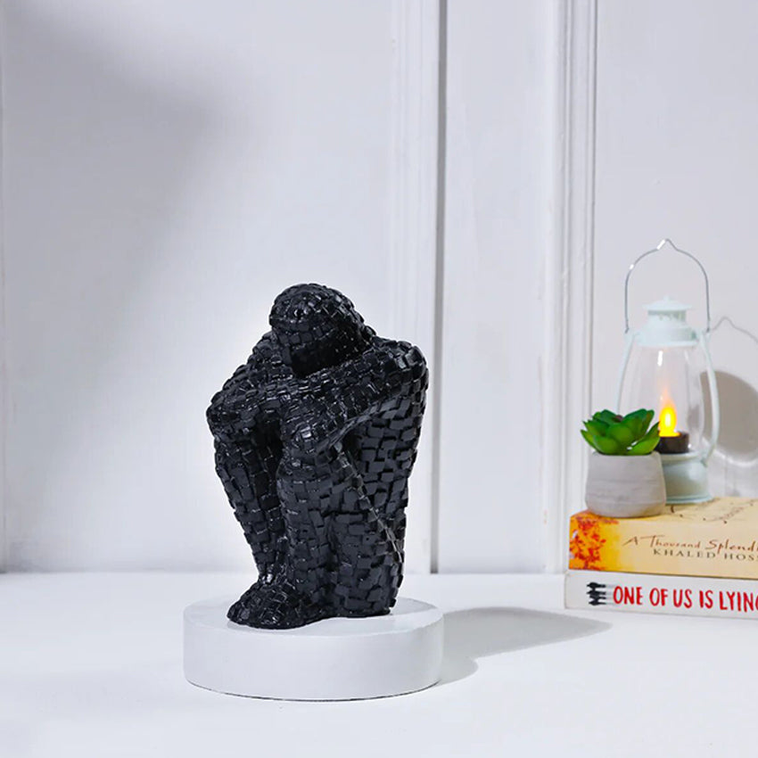 Modern Black Mosaic Sitting Stone Man Sculpture | 4 x 3 x 7 inches