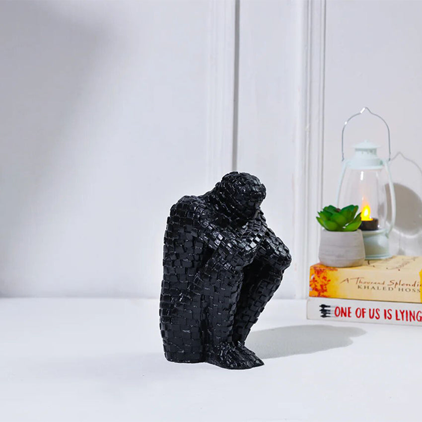 Modern Black Mosaic Sitting Stone Man Sculpture | 4 x 3 x 7 inches
