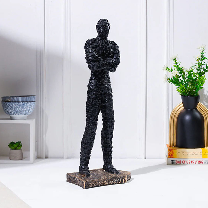 Rich Mosaic Standing Stone Man Black Sculpture | 8 x 5 x 20 inches
