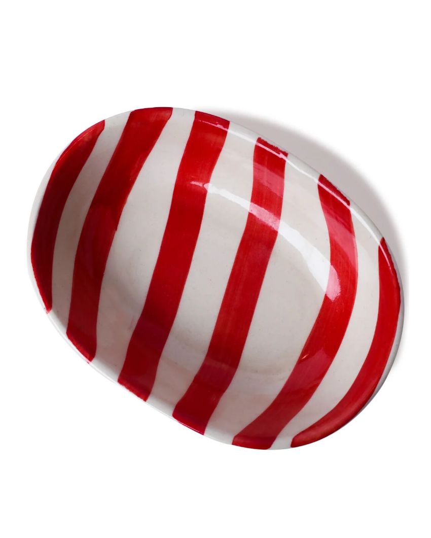 Vibrant Hand-Painted Ceramic Striped Design Oval Bowl | 7 x 5 x 2 inches