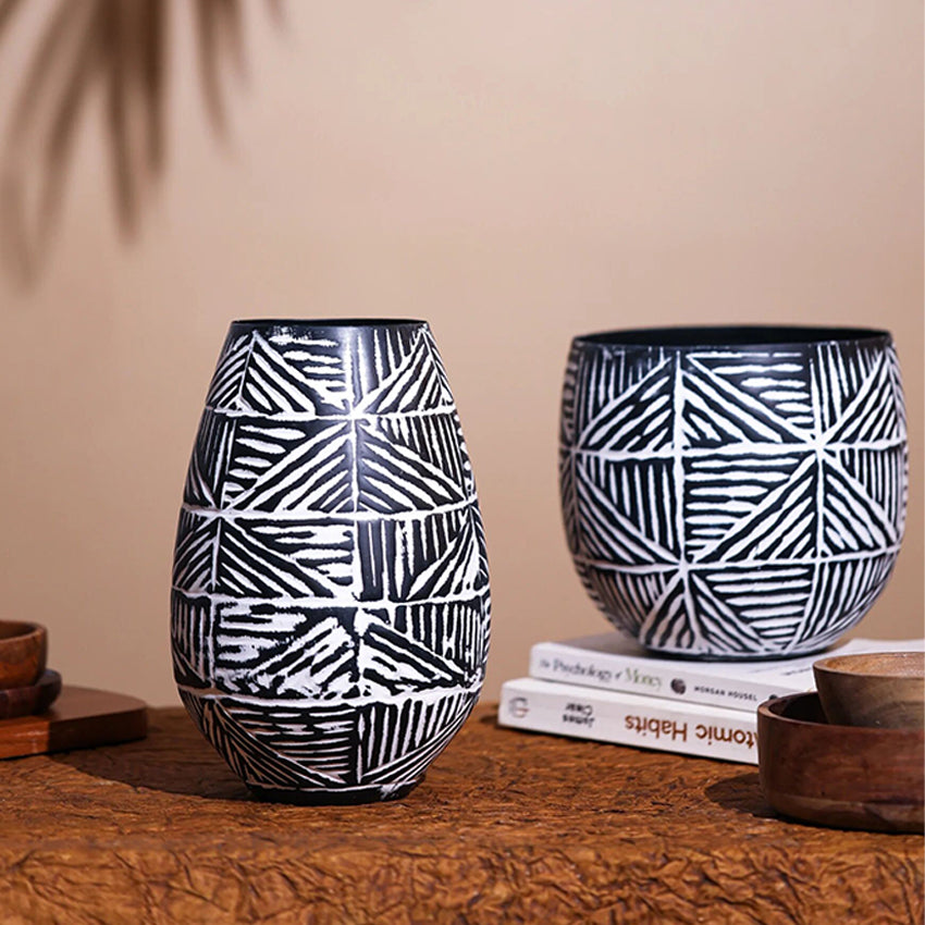 Bold Tribal Pattern Hammered Metal Statement Vase Without Plant | Set of 2