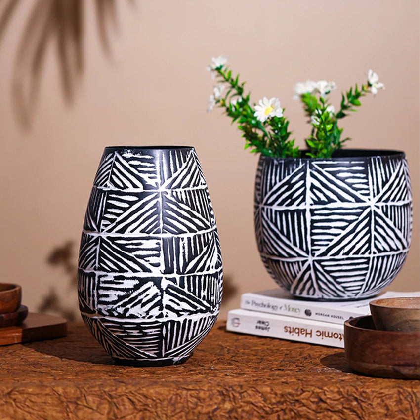 Bold Tribal Pattern Hammered Metal Statement Vase Without Plant | Set of 2