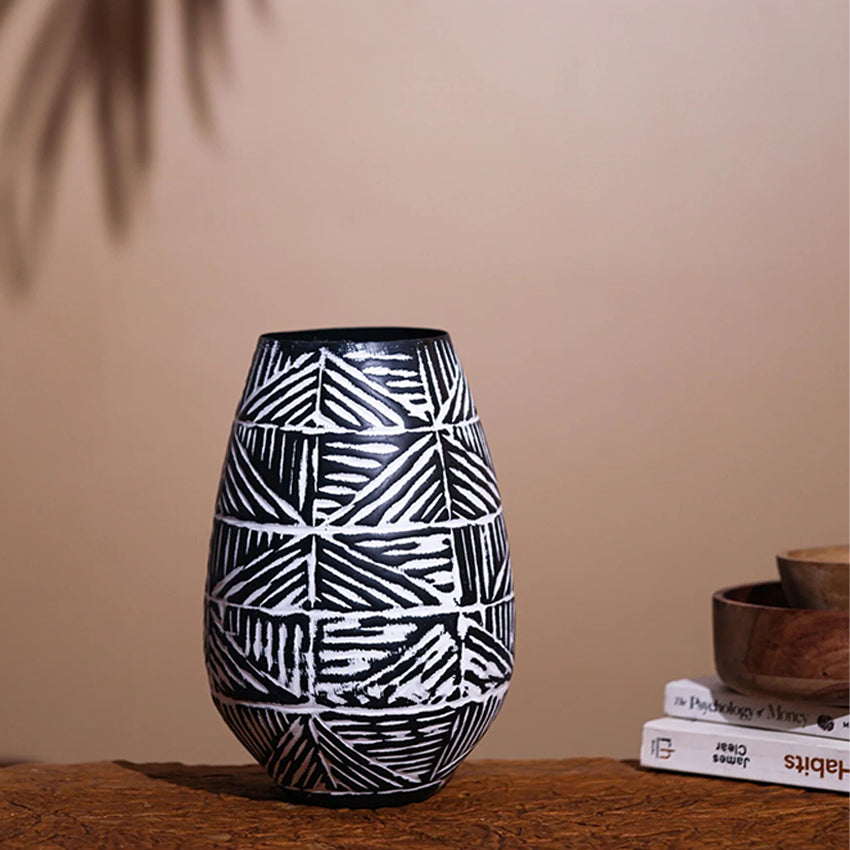 Bold Tribal Pattern Hammered Metal Statement Vase Without Plant | Set of 2