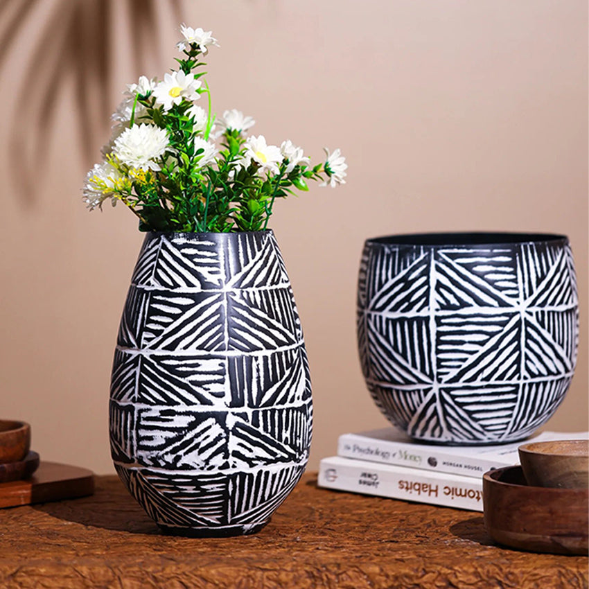 Bold Tribal Pattern Hammered Metal Statement Vase Without Plant | Set of 2