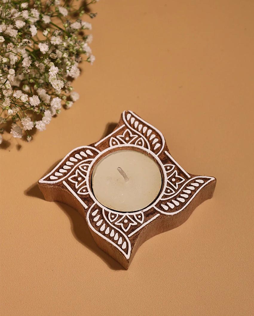 Intricate Hand-Carved Floral Block Print Tealight Decor | Set of 2 | 4 x 4 x 2 inches