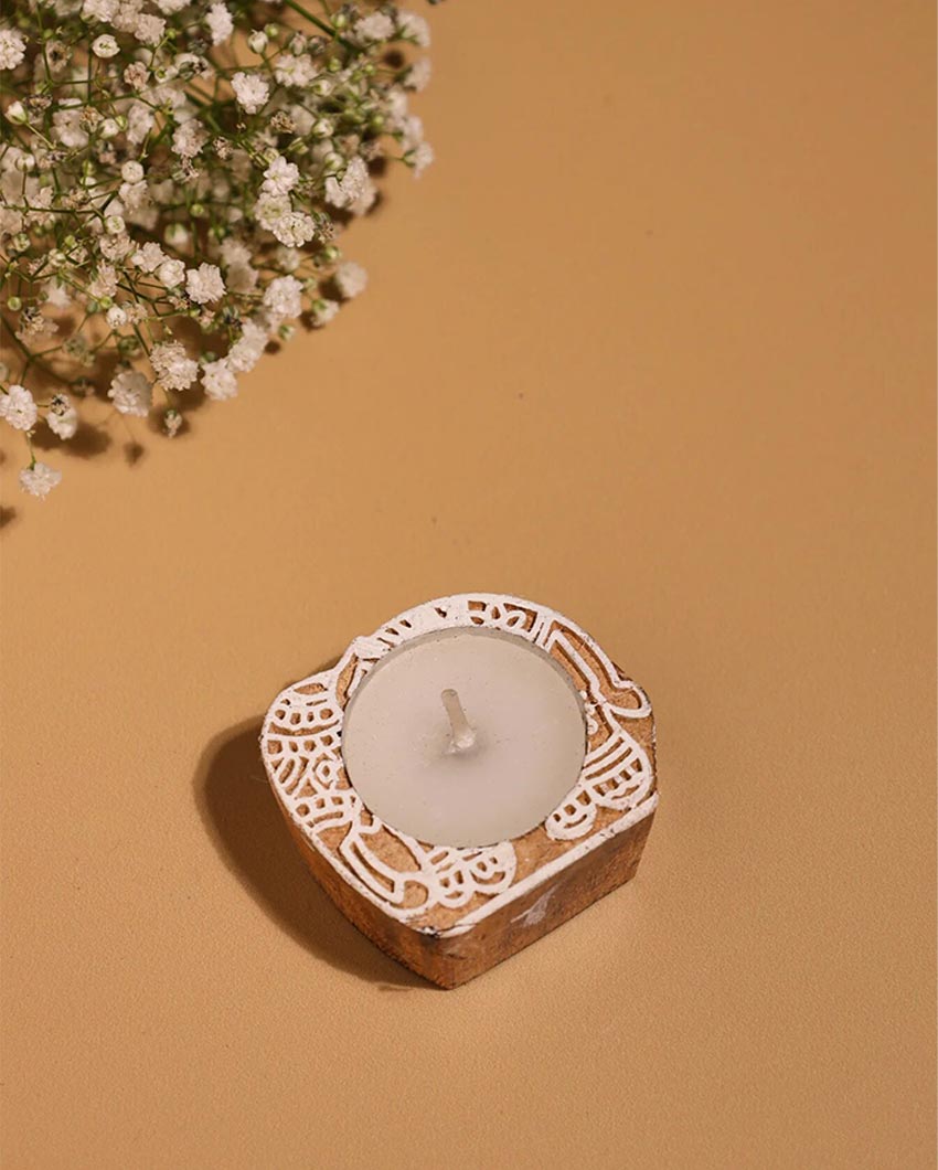 Lucky Elephant Block Print Wooden Tealight Centerpiece | Set of 2 | 4 x 4 x 2 inches