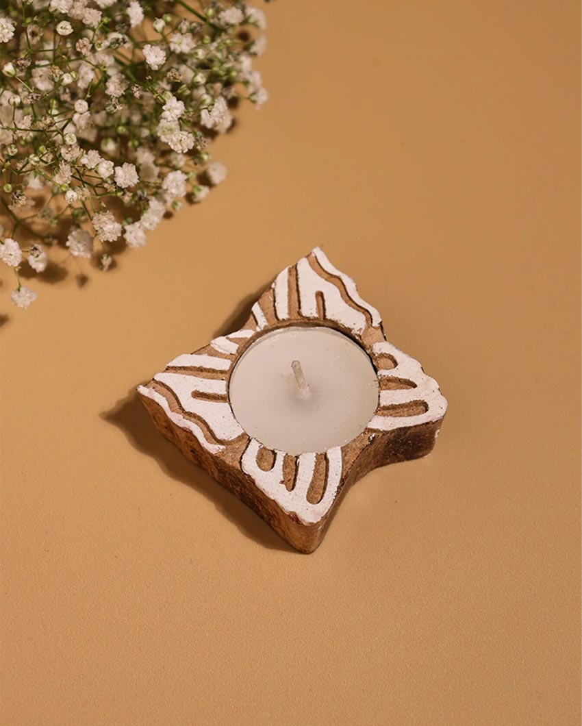 Delicate Butterfly Block Print Wooden Tealight Decor | Set of 2 | 4 x 4 x 2 inches