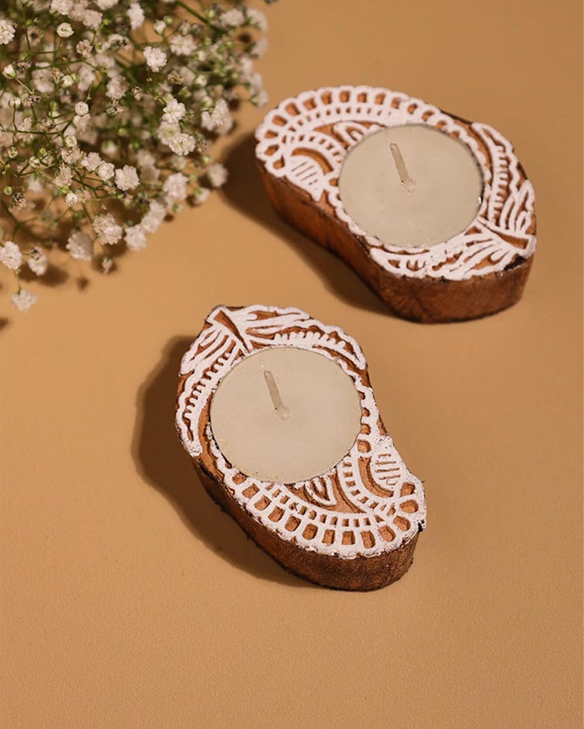 Ornate Paisley Block Print Wooden Tealight Holder | Set of 2 | 4 x 4 x 2 inches