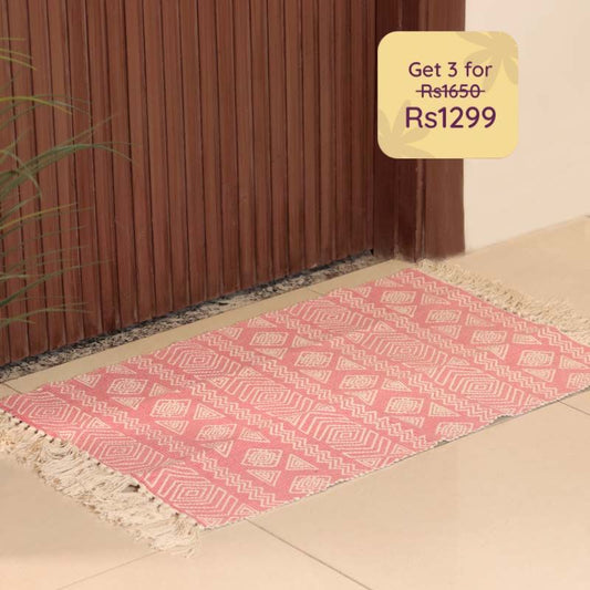 Elegant Gemotrical Design Pink Cotton Doormat | 34 x 21 Inchess
