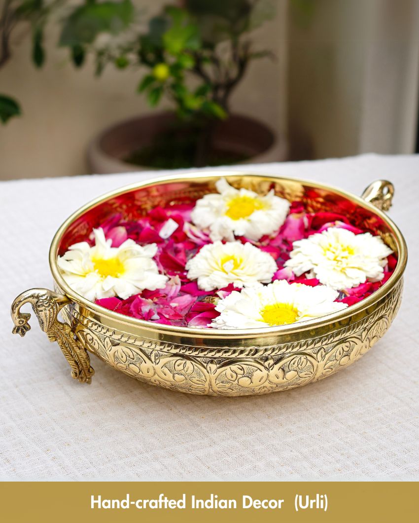 Beautiful Carved Peacock Design Brass Gold Finish Urli | 13 x 3 inches