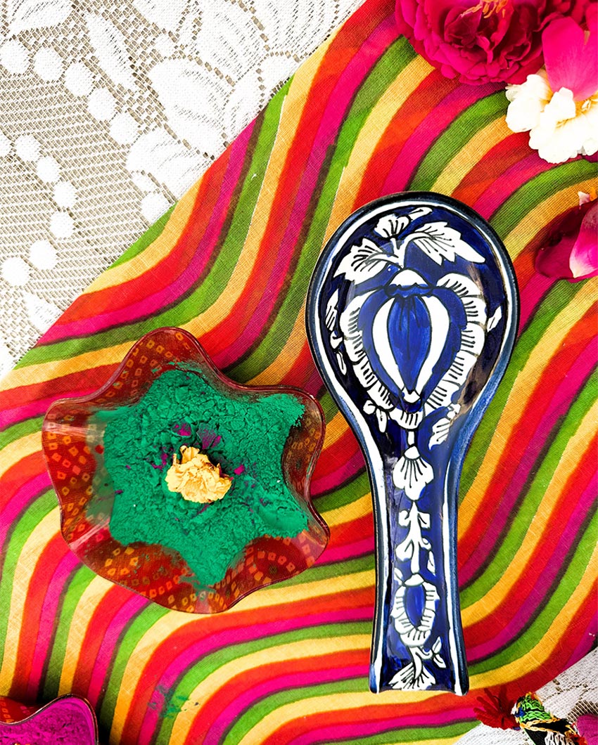 Artisan Multicolored Floral Pottery Spoon Rest | 14 x 6 x 2 inches