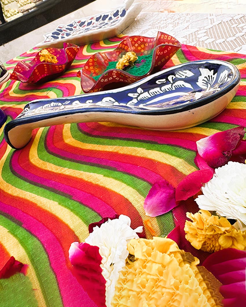 Artisan Multicolored Floral Pottery Spoon Rest | 14 x 6 x 2 inches
