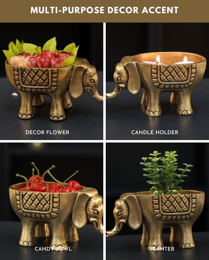 Elegant Golden Shade Metal Elephant Planter | Set of 2 | 3 x 6 inches