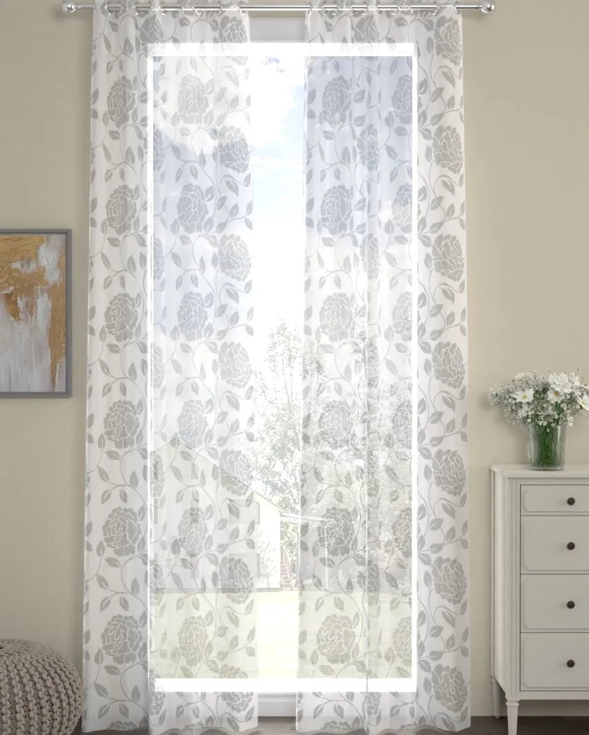 Floral Sheer Polycotton Curtains | Set Of 2 | Window, Door, Long Door | 5ft, 7ft, 9ft 9ft