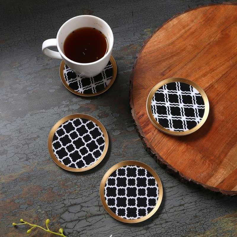 Round Classic Black Print Metal Coaster | Set Of 6 Default Title