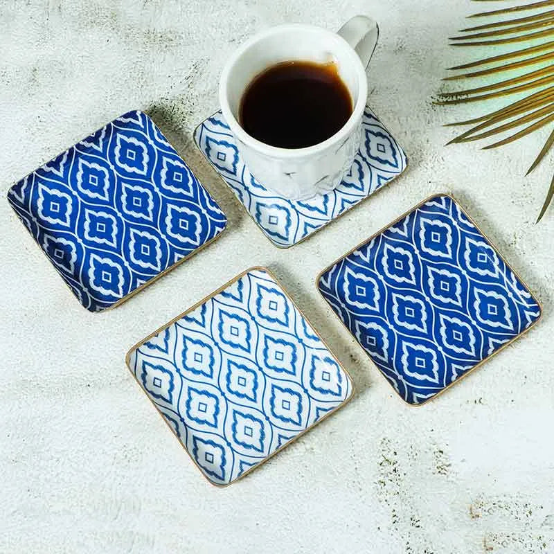 Square Blue & White Ikat Print Metal Coaster | Set Of 4 Default Title