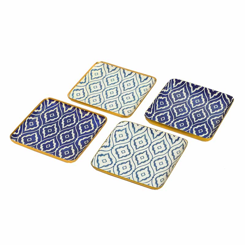 Square Blue & White Ikat Print Metal Coaster | Set Of 4 Default Title