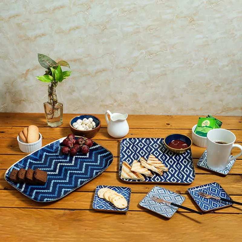 Square Blue & White Ikat Print Metal Coaster | Set Of 4 Default Title