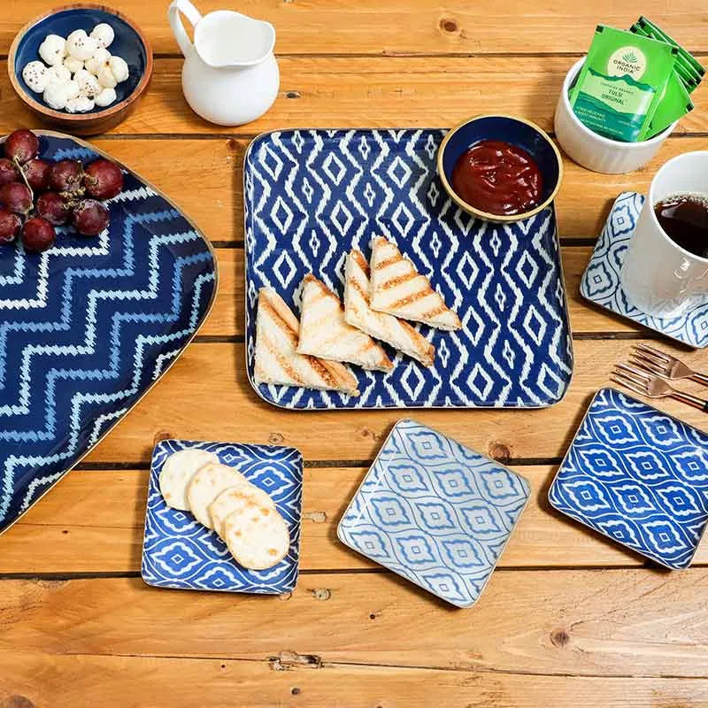 Square Blue & White Ikat Print Metal Coaster | Set Of 4 Default Title