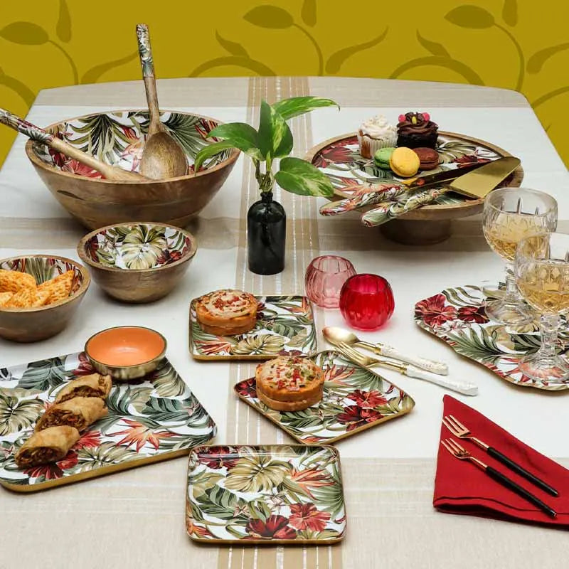 Square Shaped Tropical Paradise Print Metal Platter With Aluminium Dip Bowl Default Title