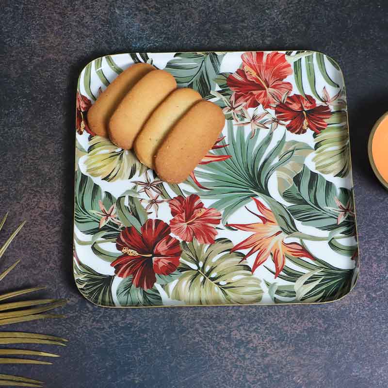 Square Shaped Tropical Paradise Print Metal Platter With Aluminium Dip Bowl Default Title